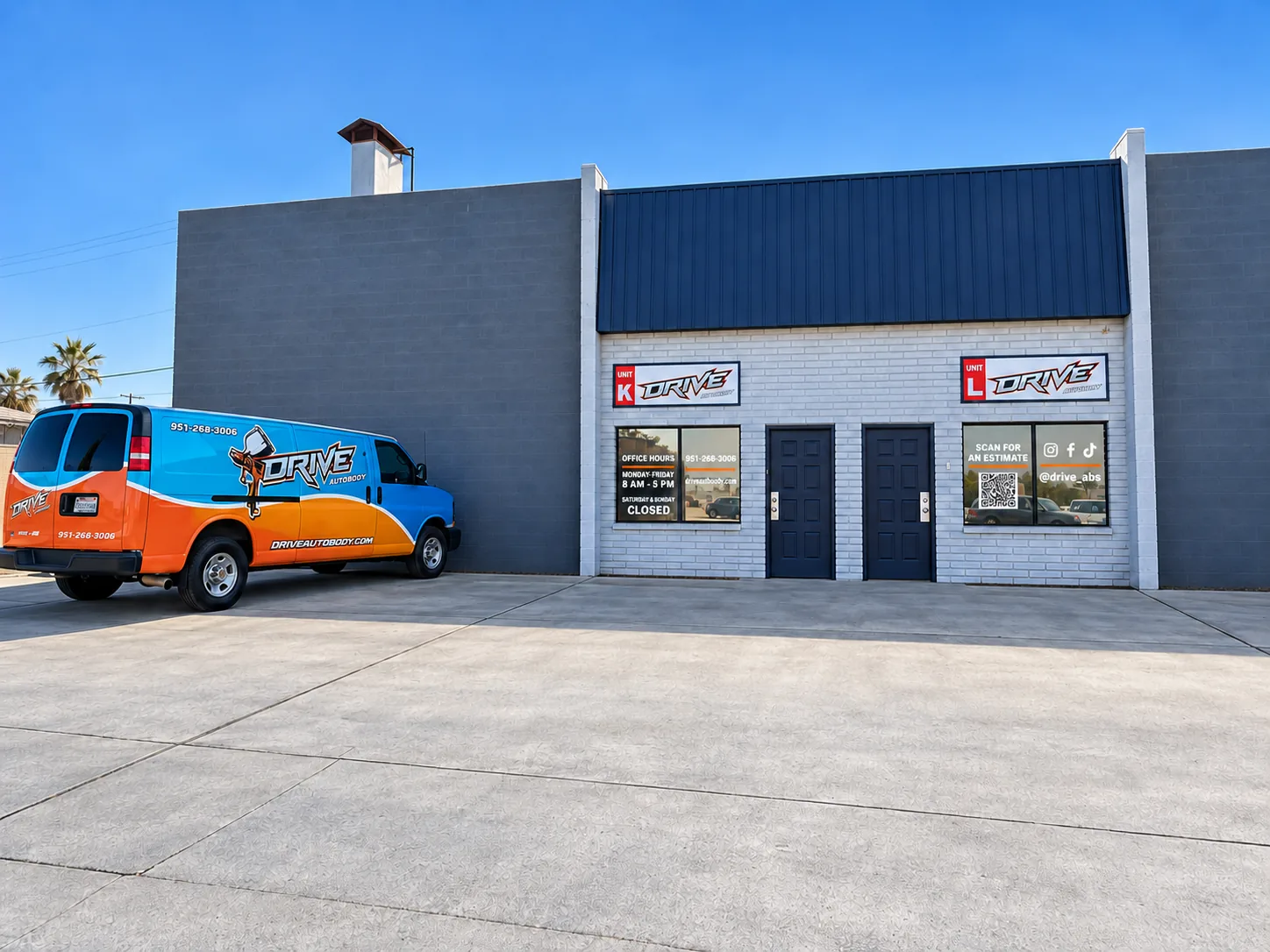 Drive Auto Body's storefront at 12500 Magnolia Ave, Ste K in Riverside, with the Drive van parked out front.