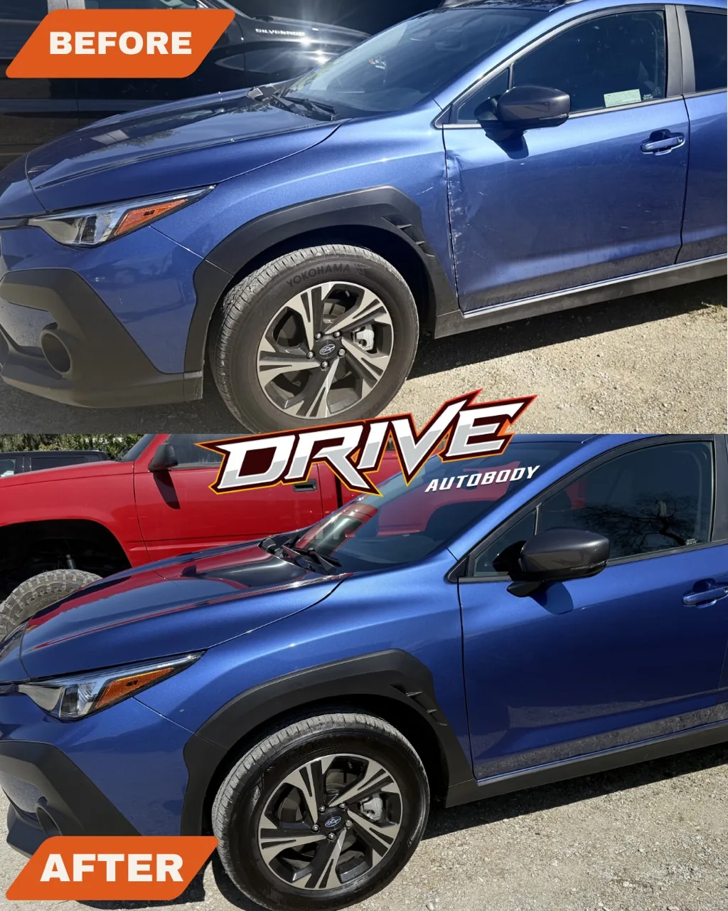Before and after side-impact repair on a Subaru Crosstrek at Drive Auto Body.