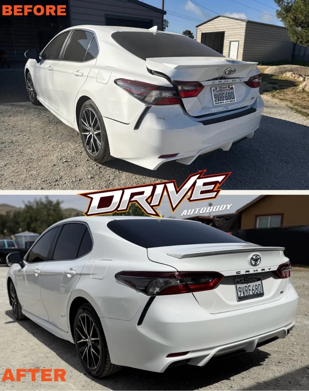 Before and after rear collision repair on a white Toyota Camry at Drive Auto Body.